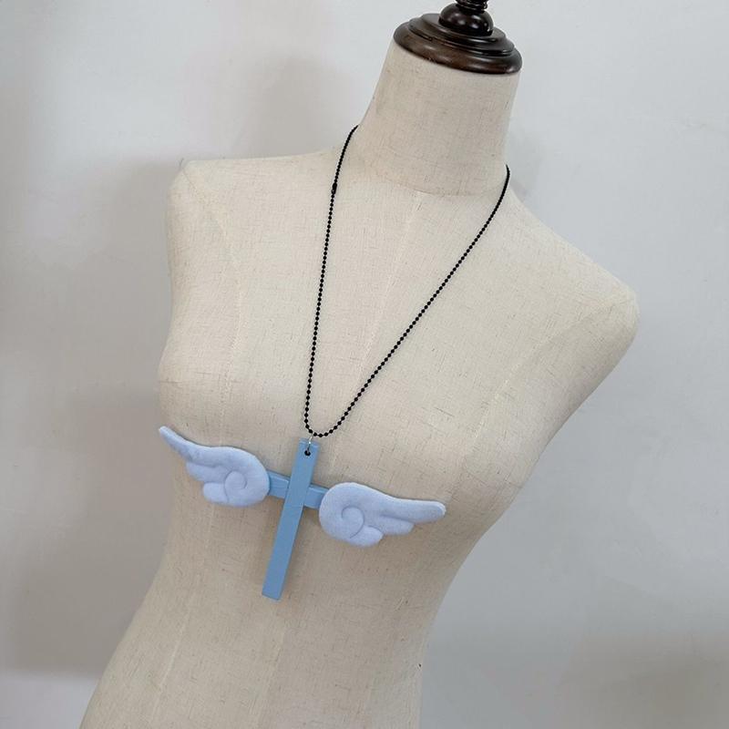 Cross Angel Wings Necklace Jesus Christ Pendant Choker Retro Jewelry Style Natural Wood Amulet