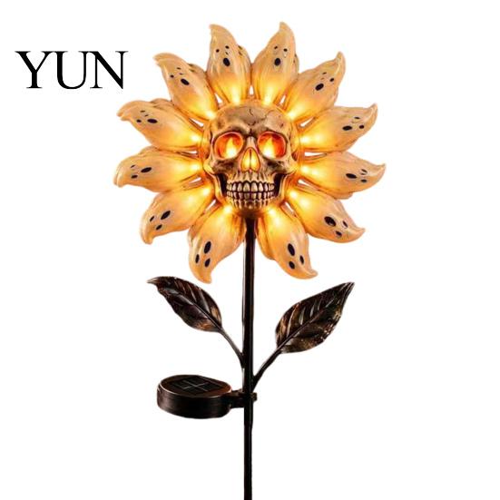 Creative Halloween Atmosphere Lighting Solar Powered Skull Sunflower Light, Waterproof Garden Stake Easy Install Ground Insert Light Yard Decor