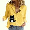 Women Fashion Buttoned Shirt Spring&summer Thin Cotton Linen Top Casual Cat Print Long Sleeve Blouse
