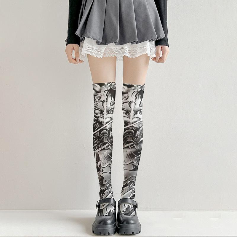 Модные носки с татуировкой на бедрах, чулки с принтом, девушки Лоли, японские сексуальные чулки, тонкие модели, разные размеры