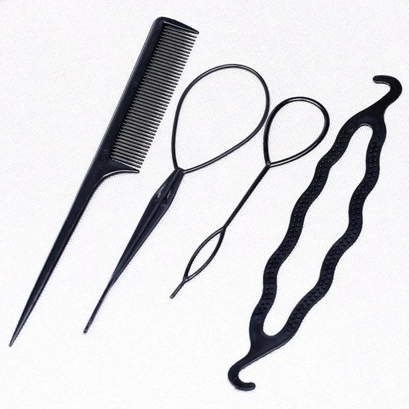 Portable 4 Pcs Hair Styling Tools Braid Tool Loop Elastic Hair Bands Rat Tail Comb Metal Pin Tail Braiding Combs Hairstyle Tools