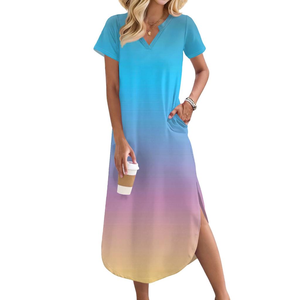 Женское длинное платье-рубашка с V-образным вырезом, повседневное, с коротким рукавом и свободным разрезом