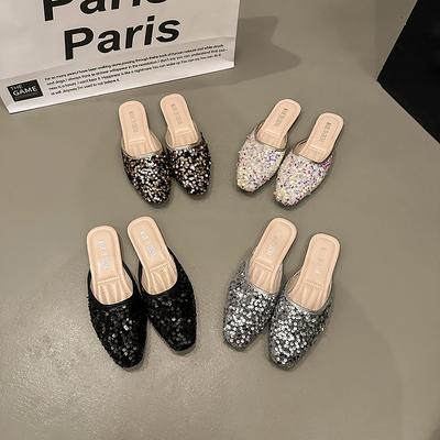 Женские тапочки Свадебные Летние Резиновые Черные Туфли для женщин 2025 Стразы Сандалии Мюли Слайды Драгоценности Кристаллы Плоские Корейский Стиль