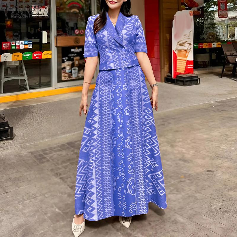 ZANZEA Женская блузка с коротким рукавом и длинная юбка, костюм-двойка с ретро-принтом