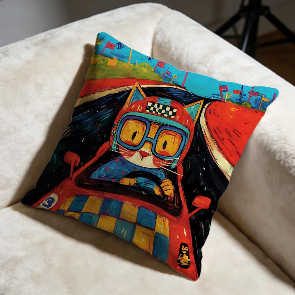 Driving Cat Cushion Cover Soft Decorative Pillow Case Suitable for Bedroom Sofa Car Travel Use