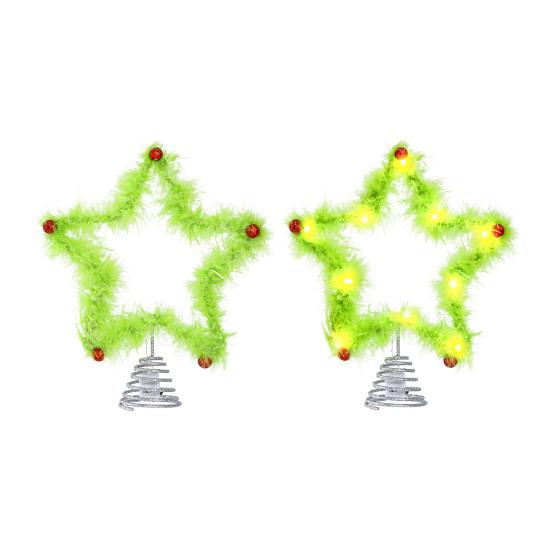 Furry Green Elf Tree Top Star 3D Plush Faux Fur Star Christmas Treetop Ornament with Red Balls for Xmas Tree Holiday Home Party Decor