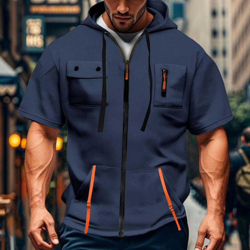 Men's Casual Short-sleeved Sweatshirt. Loose And Breathable Solid-color Sweatshirt Jacket With Multiple Pockets And A Zipper.
