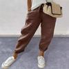 Women Casual Pants Solid Color Loose Fit Long Trousers Elastic Waistband Adjustable Drawstring Pants with Pockets