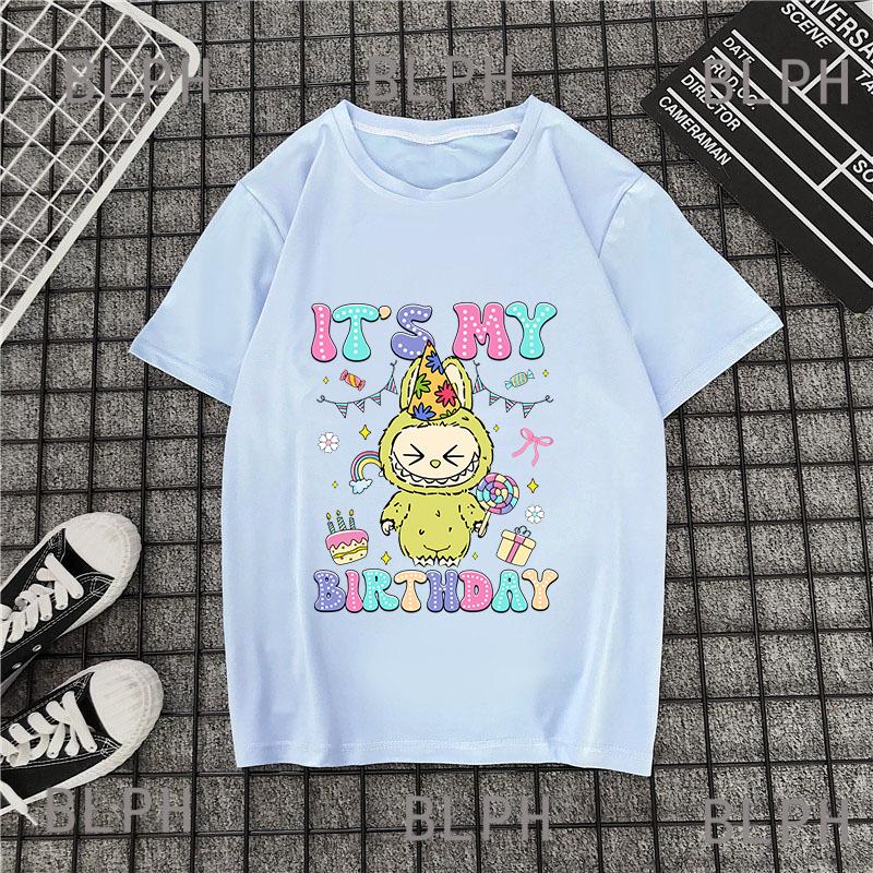 Летняя новая футболка с принтом Labubu для мужчин и девочек, детская футболка, с коротким рукавом, дышащая и впитывающая пот