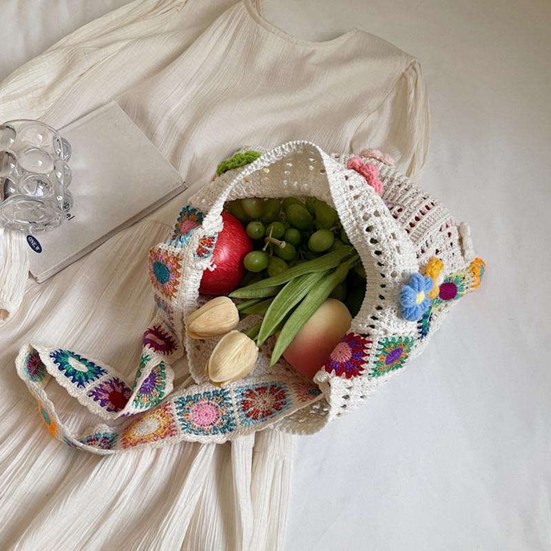 Vintage Hollow Woven Women Floral Decor Shoulder Bag Knitting Handbags Large Capacity Tote Bags For Ladies Beach Travel Shopper Purse CLE