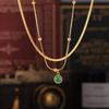 French Minimalist Green Stone Pendant Necklace - Detachable Layered 18k Gold-Plated Stainless Steel Clavicle Chain