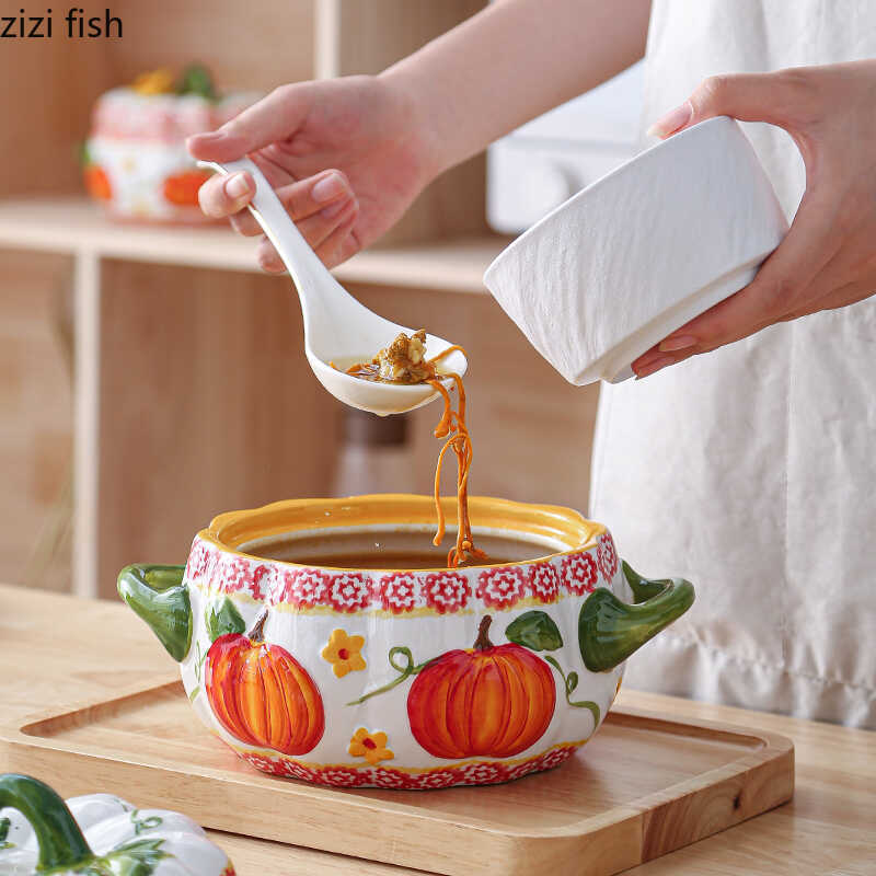 Керамическая миска с двумя ручками и крышкой Суповые миски для тыквенного супа Свиной масленка Контейнер для хранения Горшок для тушения Обеденная тарелка Десертная миска Миски для лапши