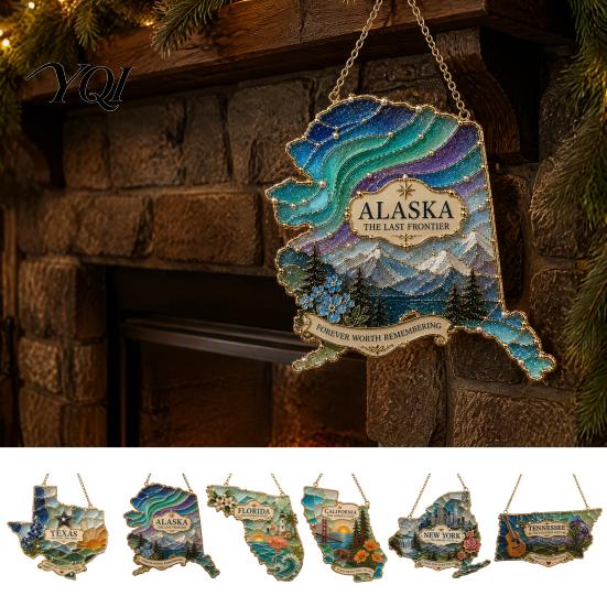 Indoor Outdoor Xmas Hanging Ornaments State Heritage Christmas Ornaments, Acrylic Sea Glass America States Tree Pendant Decoration for Tree,