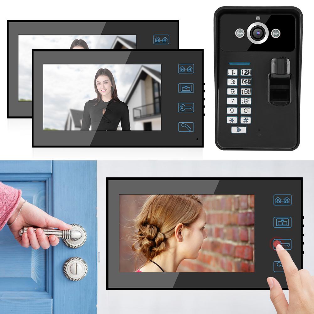 7in Fingerprint RFID Password Video Intercom 2 Monitor Wired Doorbell Access System100-