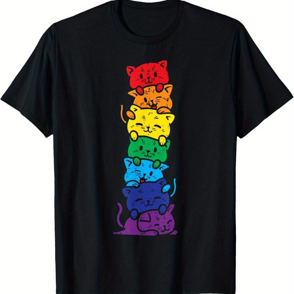 Rainbow Cat Stack Pride LGBT Gift Graphic Tee Cute Animal Lover Casual Short Sleeve TShirt