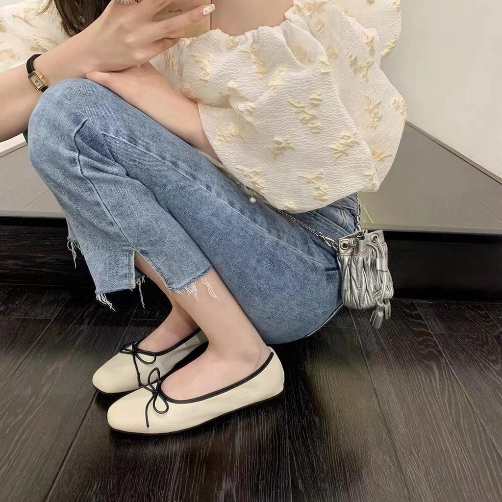 Версия из высококачественной коровьей кожи~ Туфли-лодочки Xiaoxiangfeng с бантом, с открытым верхом, на плоской подошве, женские, на мягкой подошве, в сказочном стиле, с круглым носком, балетки