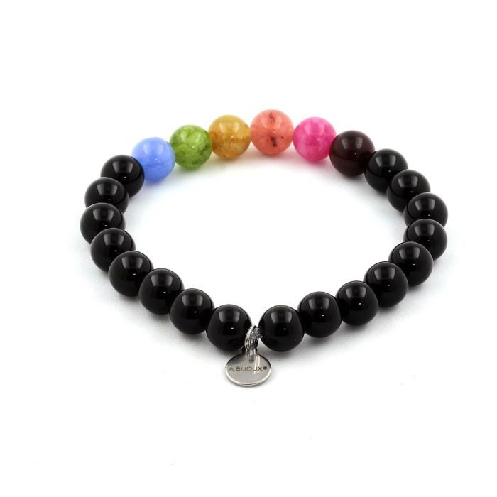 Stones and Minerals. Multicolored Tourmaline Pearl Bracelet + Black Agate 8 Mm. Made In France.