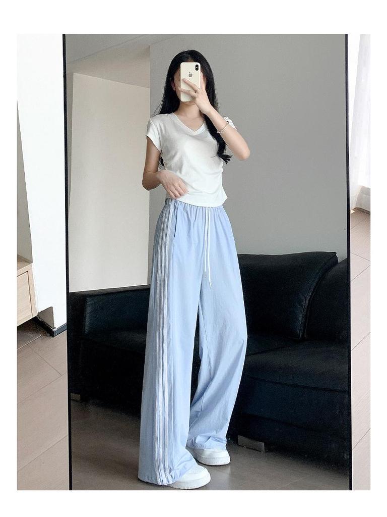 Women's High-Waist White Quick-Dry Wide-Leg Pants - Ice Silk, Anti-Mosquito, UV Protection, Summer Drape with Side Stripes