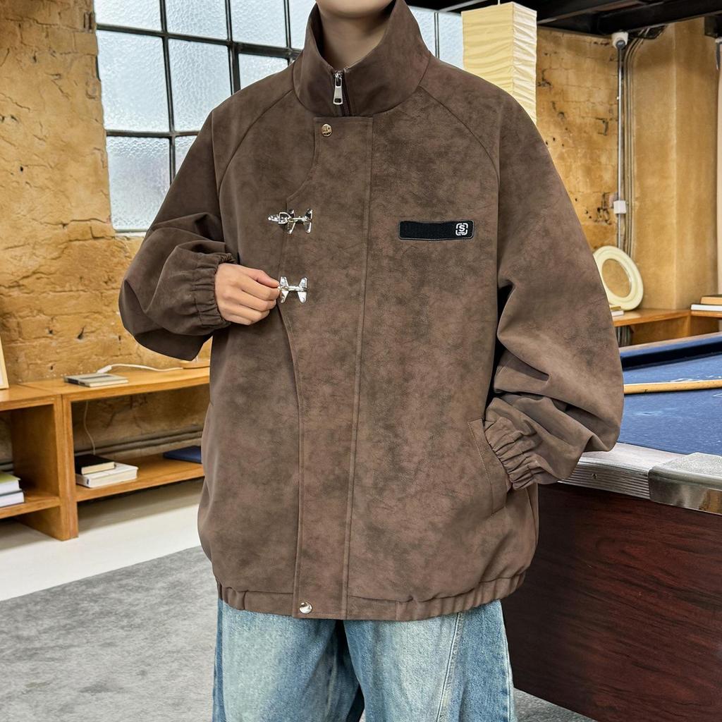 Мужская куртка из ПУ кожи с воротником-стойкой и металлической пряжкой - Ретро-стиль тай-дай для весны и осени