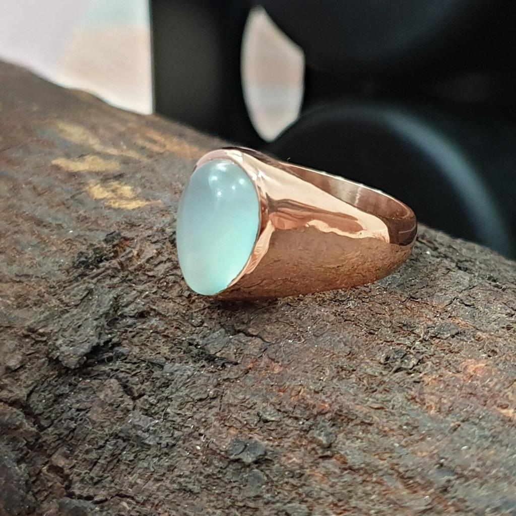 Pear Cab Aquamarine Gemstone 925 Sterling Silver Rose Gold Overlay Ring Jewelry, Unisex Signet Gift Ring