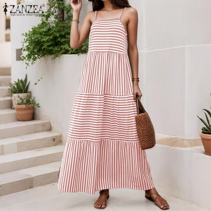 ZANZEA Женское праздничное летнее повседневное платье-комбинация без рукавов на бретелях с полосатым принтом