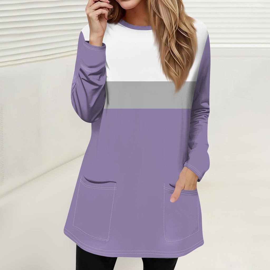 Женская мода повседневный свитер футболка с круглым вырезом карман полосатый пэчворк принтованный топ с длинным рукавом