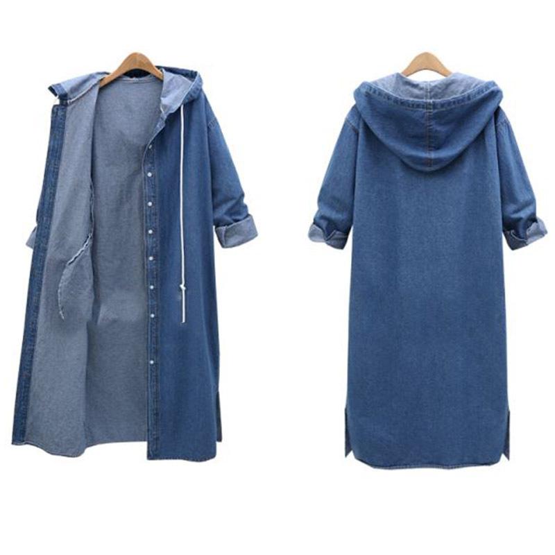 Осенняя джинсовая куртка с капюшоном и длинными рукавами, однобортная длинная ветровка