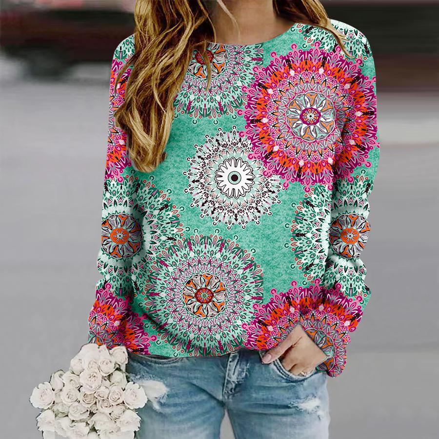 Tops For Women Dopamine Gear Print Round Neck Long Sleeve T-shirt Fall Casual Slim Pullover Women's Long Sleeve Top