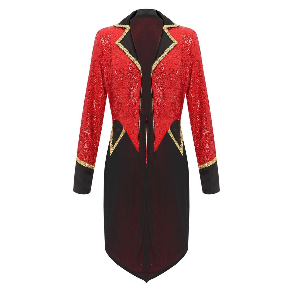 Womens Halloween Circus Sequin Tailcoat Notch Lapel Long Sleeve Open Front Tuxedo Outerwear Ringmaster Magician Costumes