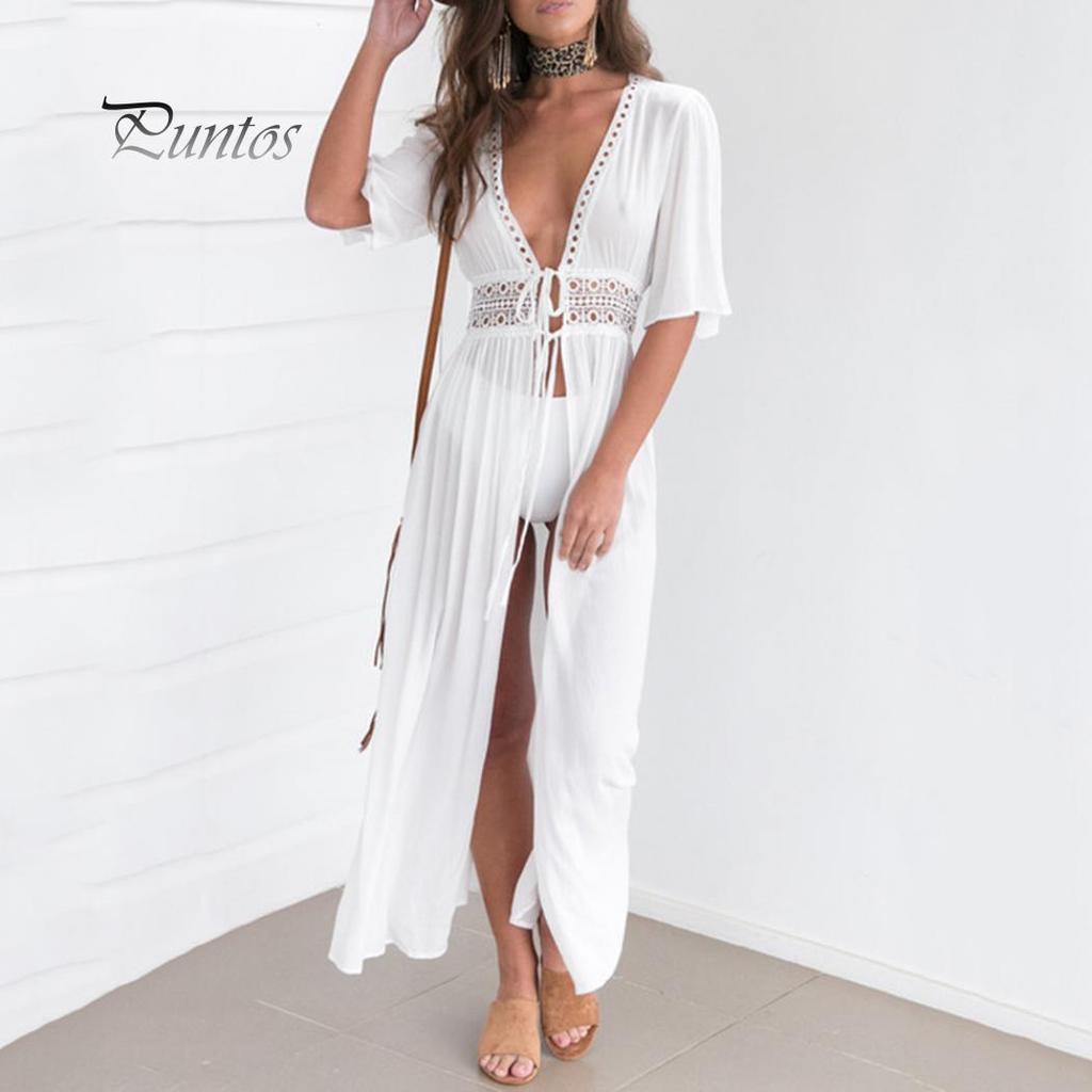 Women Solid Color Hollow Smock Long Bikini Cover Up Lacing Cardigan Beachwear