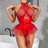 Hollow Out PU Latex Leather Mesh See Through Open Crotch Bodysuit for Womens Sexy Underwear Lingerie Set Erotic Costumes