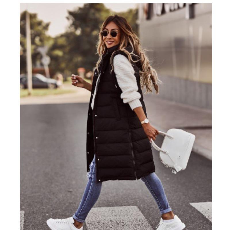 Зимняя куртка без рукавов, женское пальто миди, пуховый жилет, сохраняет тепло, элегантное черное уличное хипстерское пальто с капюшоном, женское хлопковое пальто