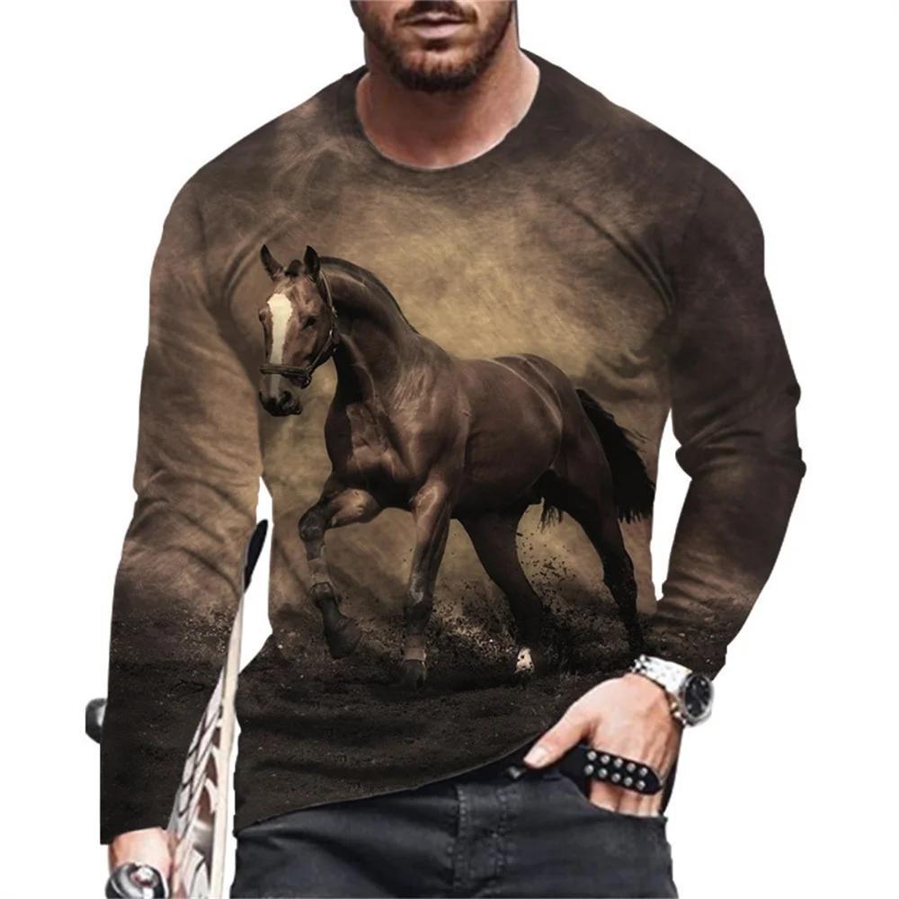 Animal Horse Pattern Printed Men's Long Sleeved T-Shirt Creative Personality Street Fashion Casual Quality Comfortable Clothing