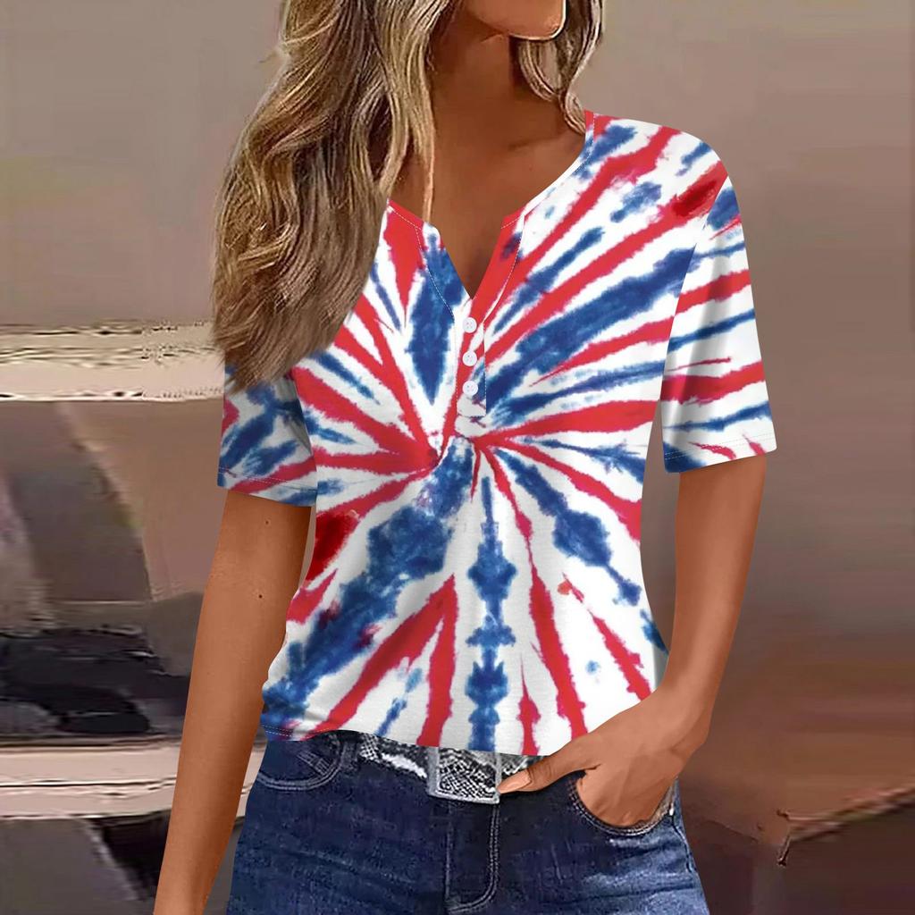 Жен. Футболка Футболка День независимости С принтом Пуговицы С короткими рукавами Повседневные Выходные Мода Классический Классический V-образный вырез Обычный Топ