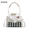 Small Fresh Canvas Bag Grid Children's Bag Cross-body Female Student Mori Art Drawstring Shoulder Bag