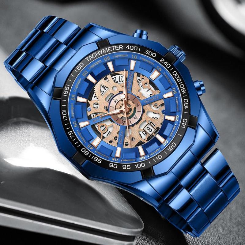 BINBOND Скелетон полые немеханические часы водонепроницаемые светящиеся многофункциональные часы синие мужские наручные часы