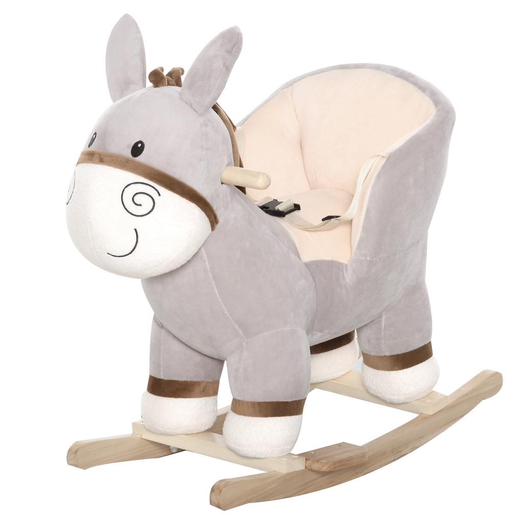 Kids Rocking Horse, Children Plush Ride On Donkey Animal Rocker w/ Sound, Wood Base Seat, Safety Belt, Baby Toy Rocker for Toddler 18 - 36 Months