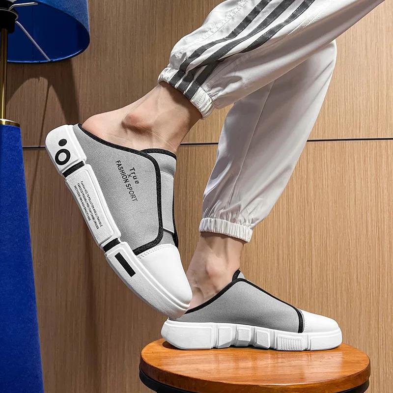 Men's Slippers Baotou Shoes Half Trailer Canvas 2024 Summer New Board Shoes Small White Shoes One Foot Pedal Slippers