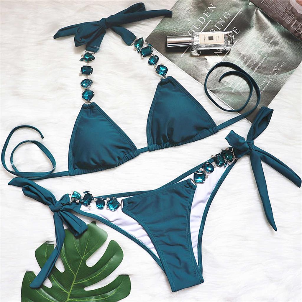 Бразильский купальник бикини с бриллиантовыми стразами, женский купальный костюм, женский купальник, комплект бикини из двух частей, купальник для купания EMA
