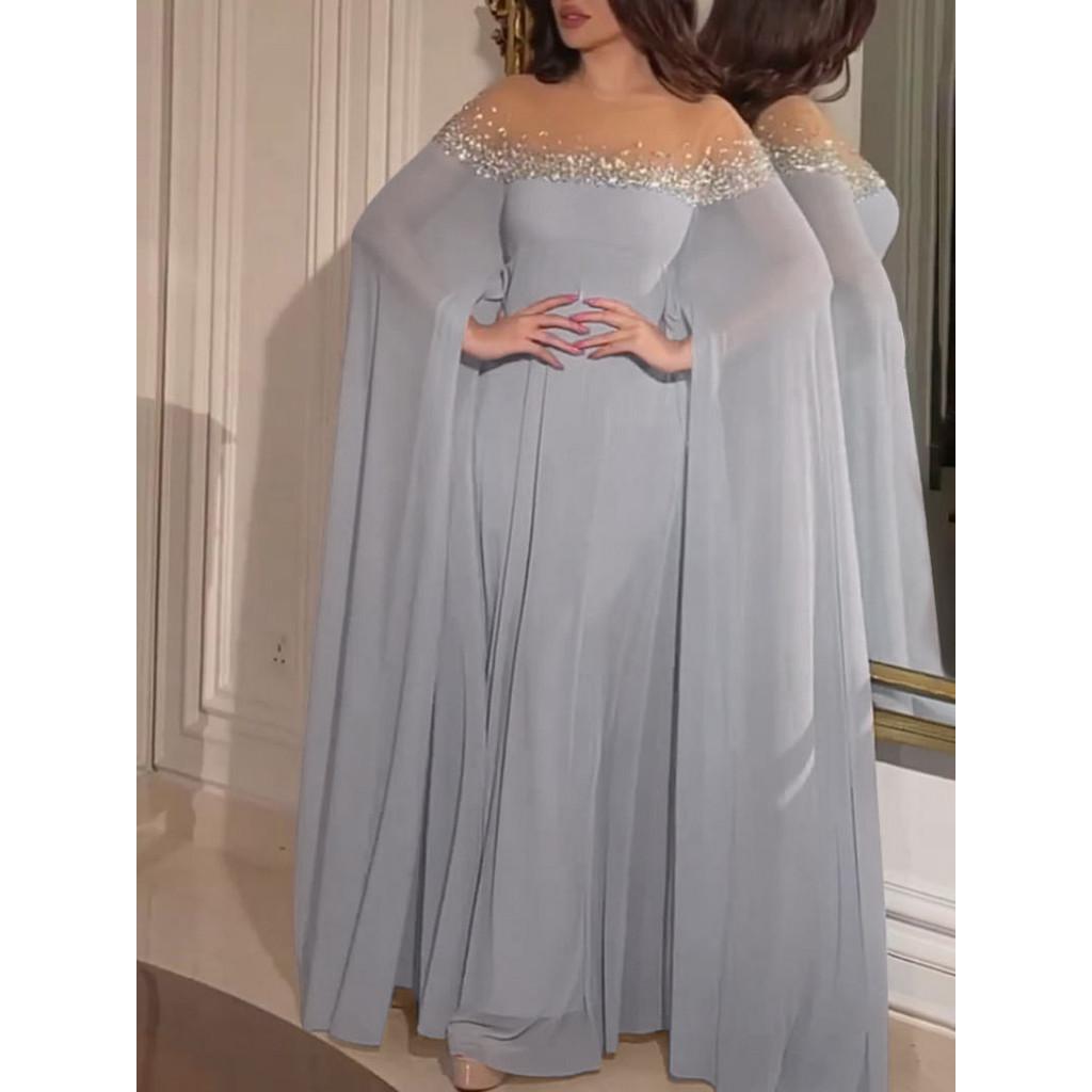 Women Elegant Round Neck Rhinestone Pearl Long Sleeves Kaftan Middle East Bride Bridesmaids Wedding Long Dress Gorgeous Party Maxi Ball Gowns