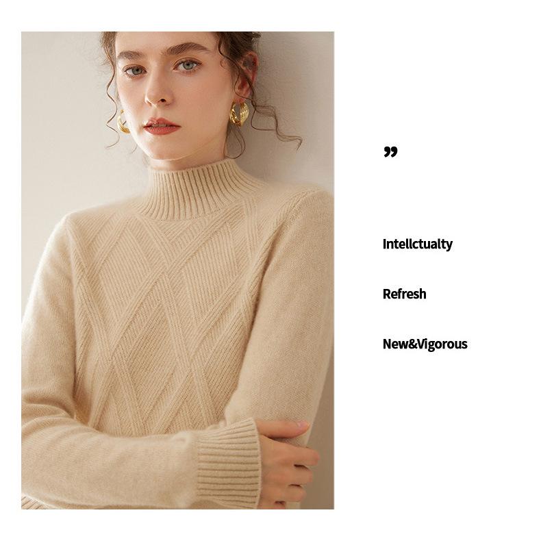 Women's 2025 Fall/Winter Seven-Stitch Cashmere Half-High Neck Long Sleeve Pullover Sweater