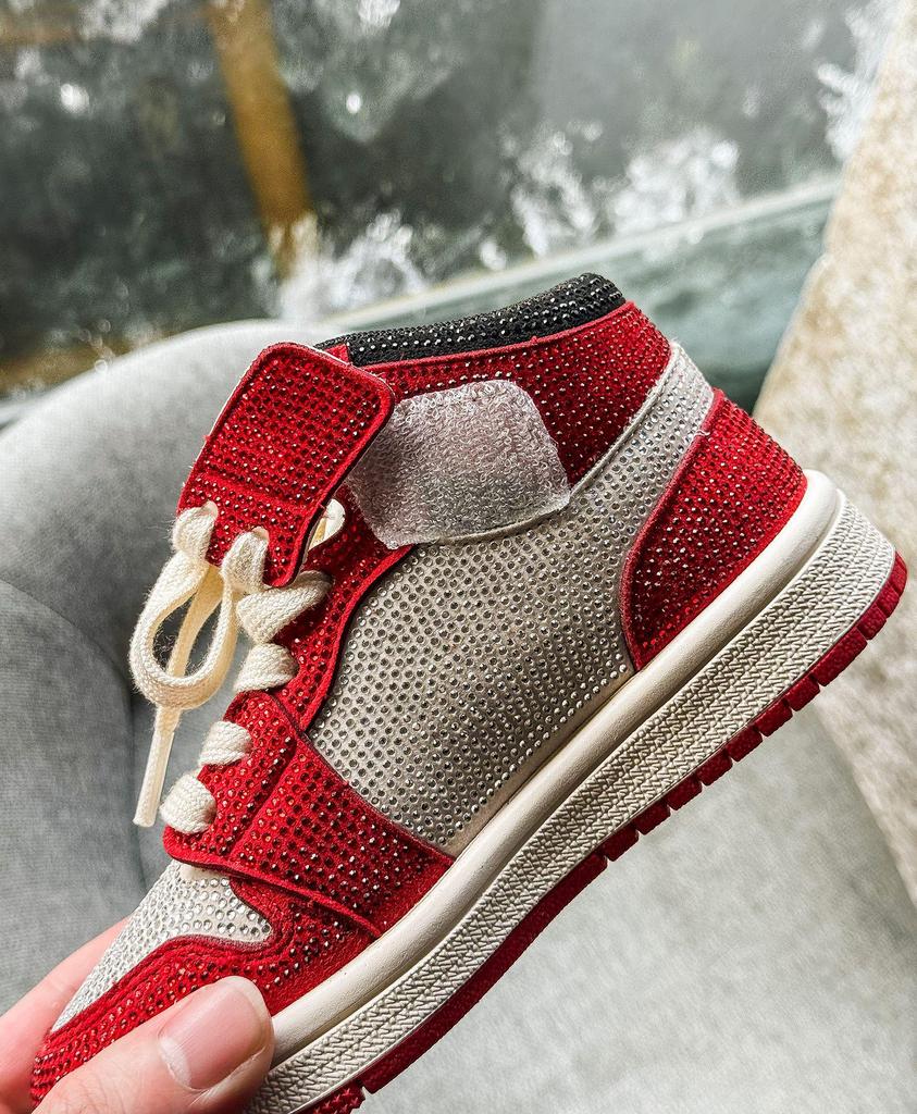2026 Spring Children's Fashion High-Top Red Rhinestone Sneakers