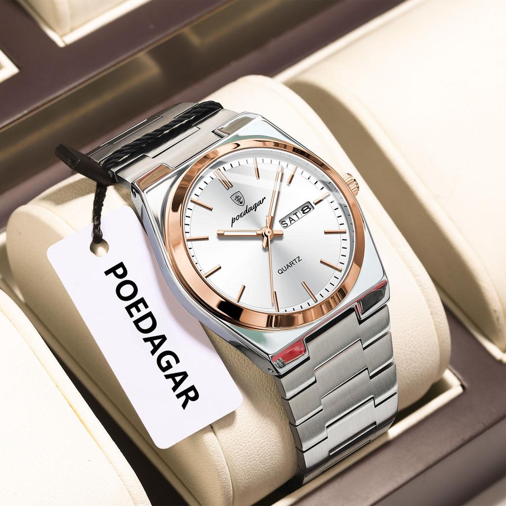 POEDAGAR Luxury Men Watch Stainless Steel Waterproof Luminous Man Wristwatch Date Week Fashion Casual Men's Watches Quartz Reloj