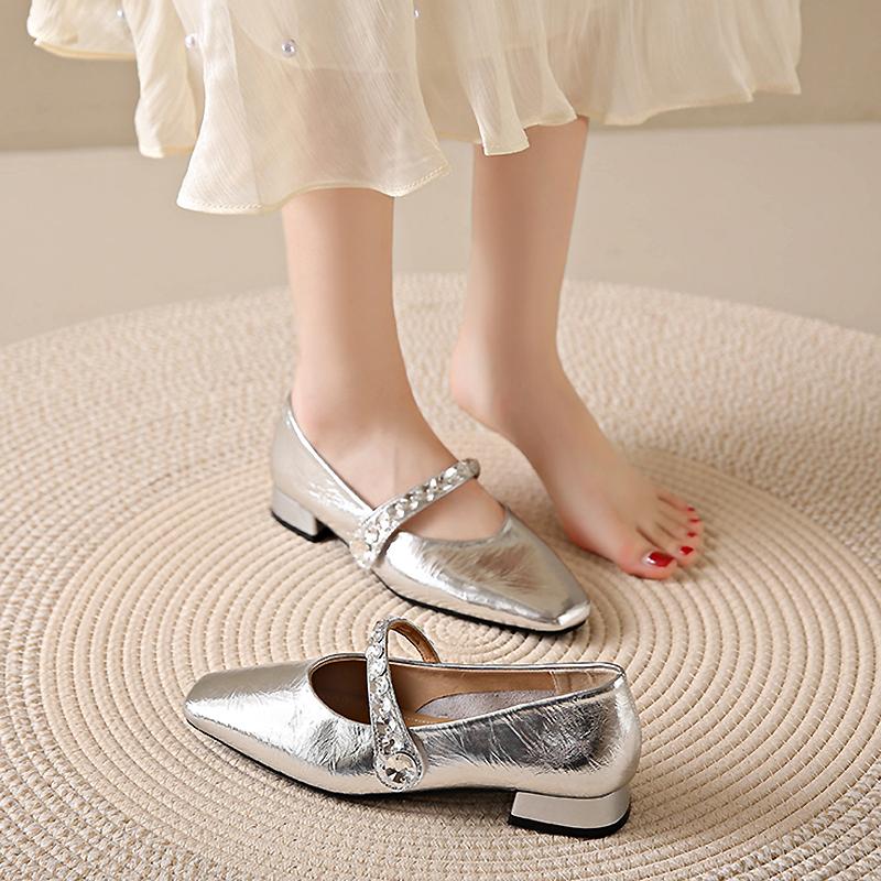 Модные роскошные туфли Мэри Джейн со стразами, женские серебристые туфли на низком каблуке для вечернего платья, женские элегантные французские туфли с квадратным носком