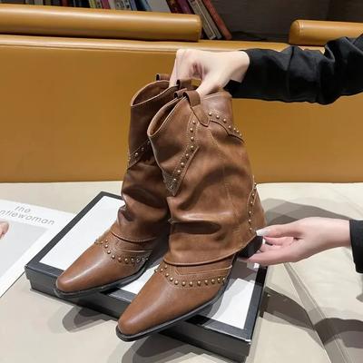 Женские ковбойские сапоги в стиле ретро, весна-осень, новые сапоги до середины голени на высоком каблуке, женские лодочки с острым носком и толстым каблуком