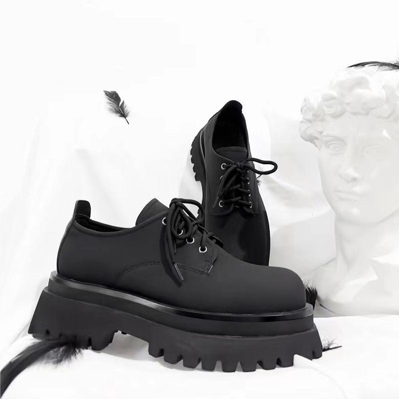 Round Toe Lace-Up Derby Shoes Women/men 2025 Spring New Casual Black Heightening Leather Shoes Platform Microfiber Leather Shoes