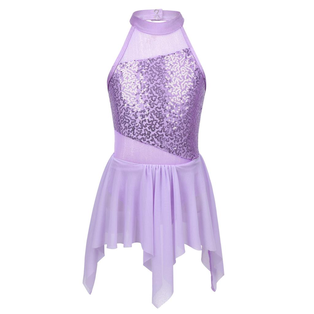 Kids Girls Sleeveless Shiny Sequins Asymmetrical Hem Ballerina Lyrical Modern Dance Leotard Dress