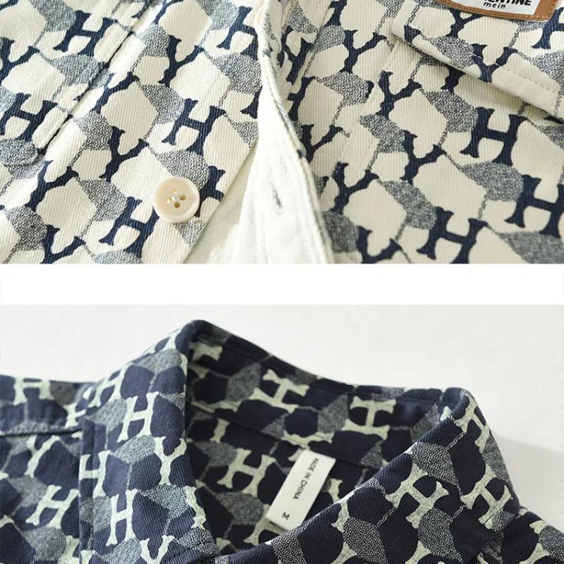 Новые модные мужские рубашки с длинным рукавом, весна и осень, уличная одежда, свободный верх, рубашки с двойными карманами и принтом, 100% хлопок, мягкая повседневная мужская одежда