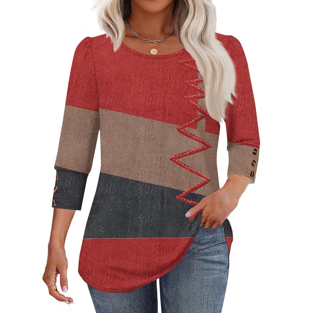 Женская модная повседневная футболка с цветными блоками, сшивная, с принтом, с круглым вырезом, с рукавами семь восьмых