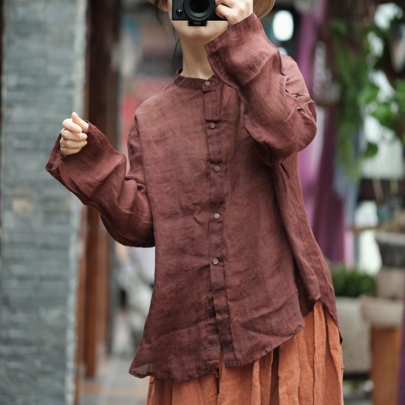 Johnature Осенняя женская винтажная льняная свободная однобортная рубашка, однотонная рубашка с круглым вырезом и длинными рукавами с принтом